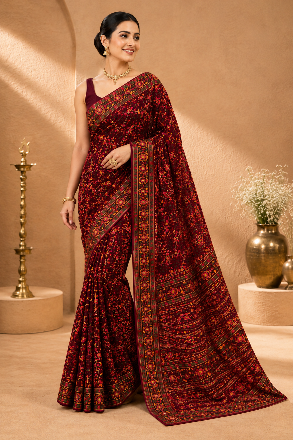 Premium Wine Maroon Floral Embroidered Saree