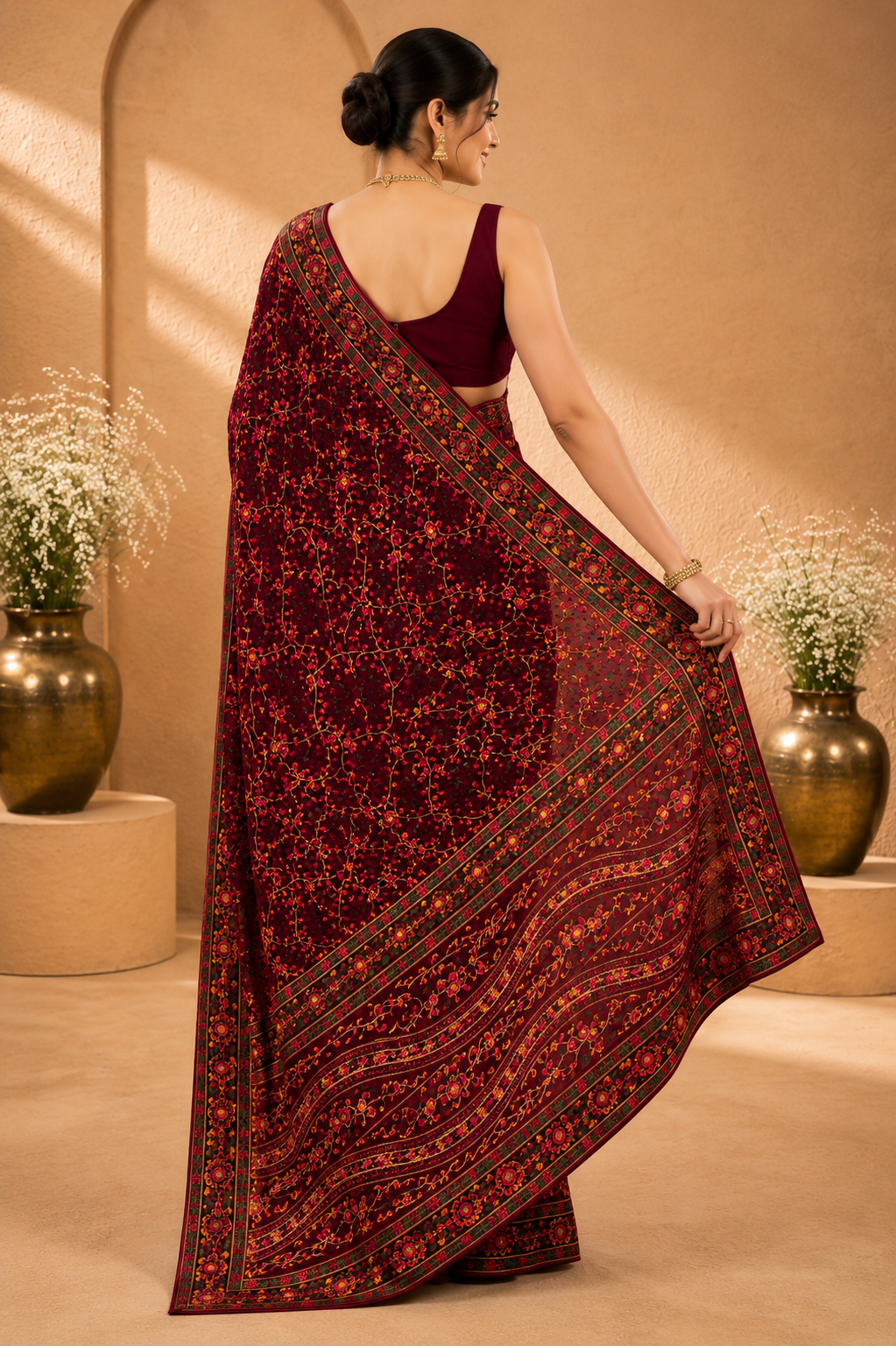 Premium Wine Maroon Floral Embroidered Saree