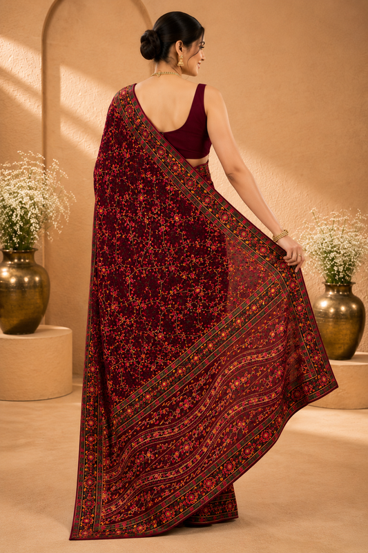 Premium Wine Maroon Floral Embroidered Saree