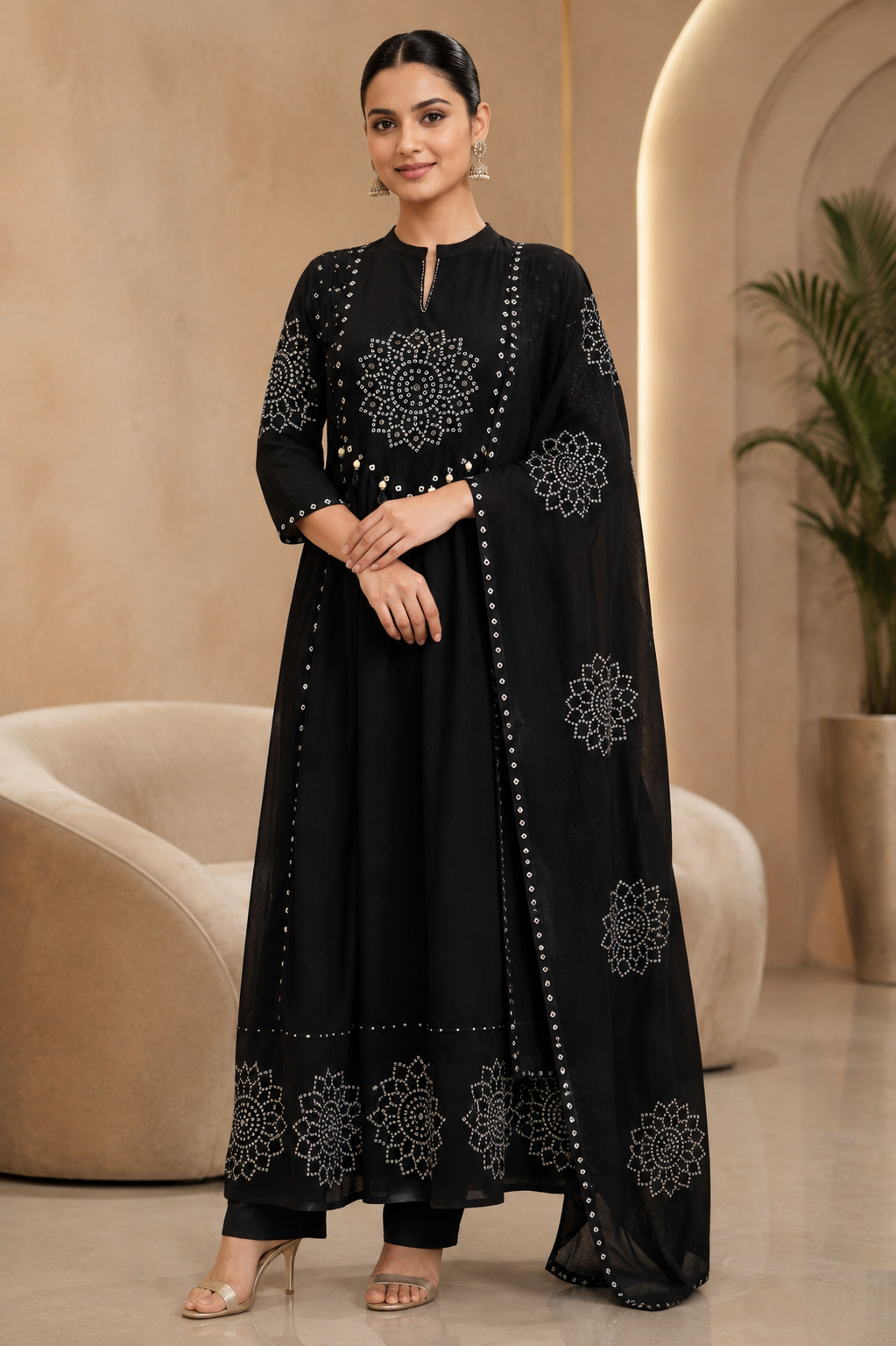 Black Bandhani Anarkali Suit Set