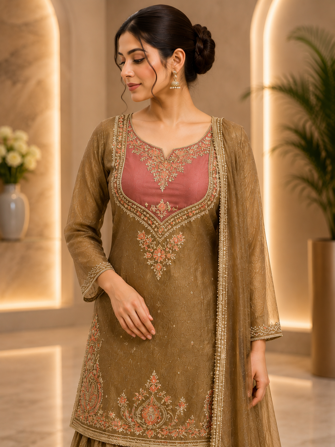 Bronze Gold Embroidered Sharara Suit Set