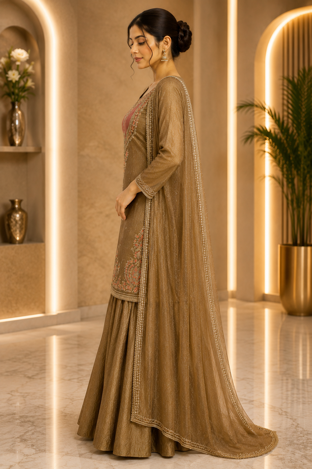 Bronze Gold Embroidered Sharara Suit Set