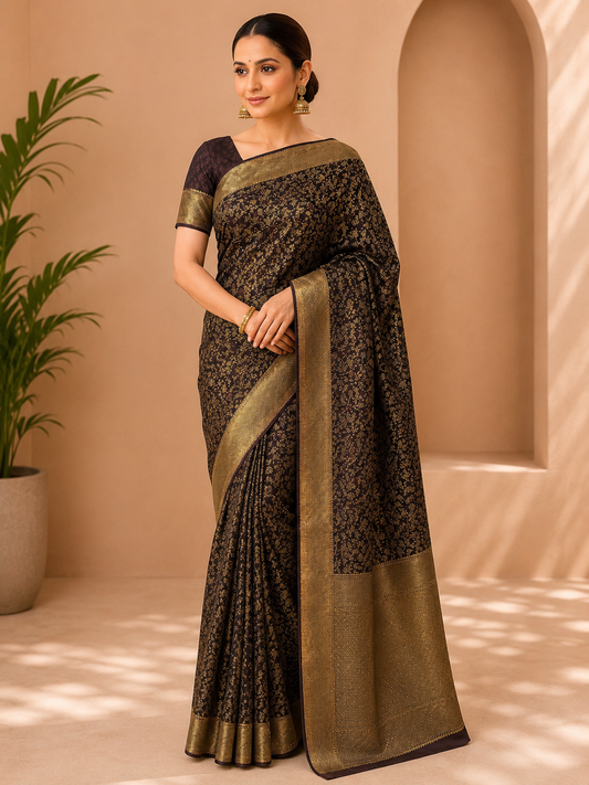 Premium Dark Brown & Gold Woven Saree with Rich Floral Design, Broad Zari Border & Blouse Piece 10127