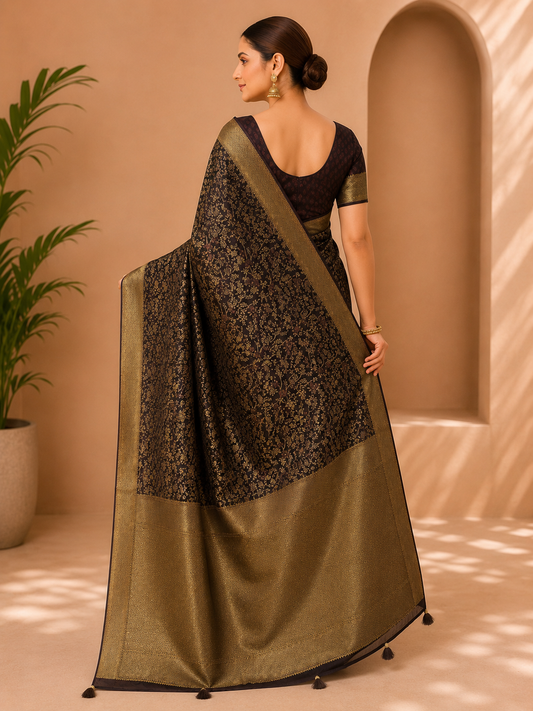 Premium Dark Brown & Gold Woven Saree with Rich Floral Design, Broad Zari Border & Blouse Piece 10127