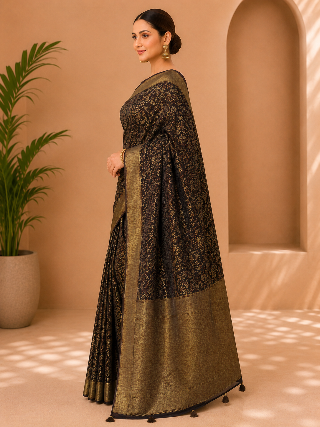 Premium Dark Brown & Gold Woven Saree with Rich Floral Design, Broad Zari Border & Blouse Piece 10127