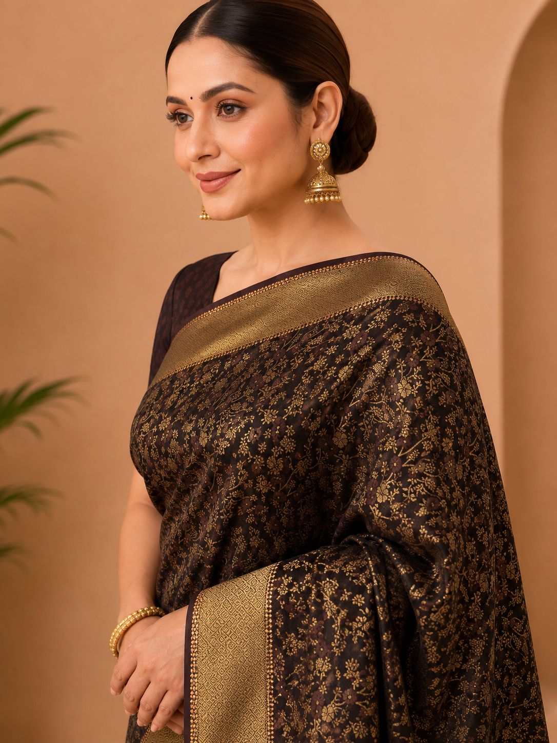 Premium Dark Brown & Gold Woven Saree with Rich Floral Design, Broad Zari Border & Blouse Piece 10127