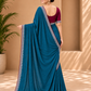 Peacock Blue Embellished Saree vichitra fabric with Silver Border and Wine Blouse 9930