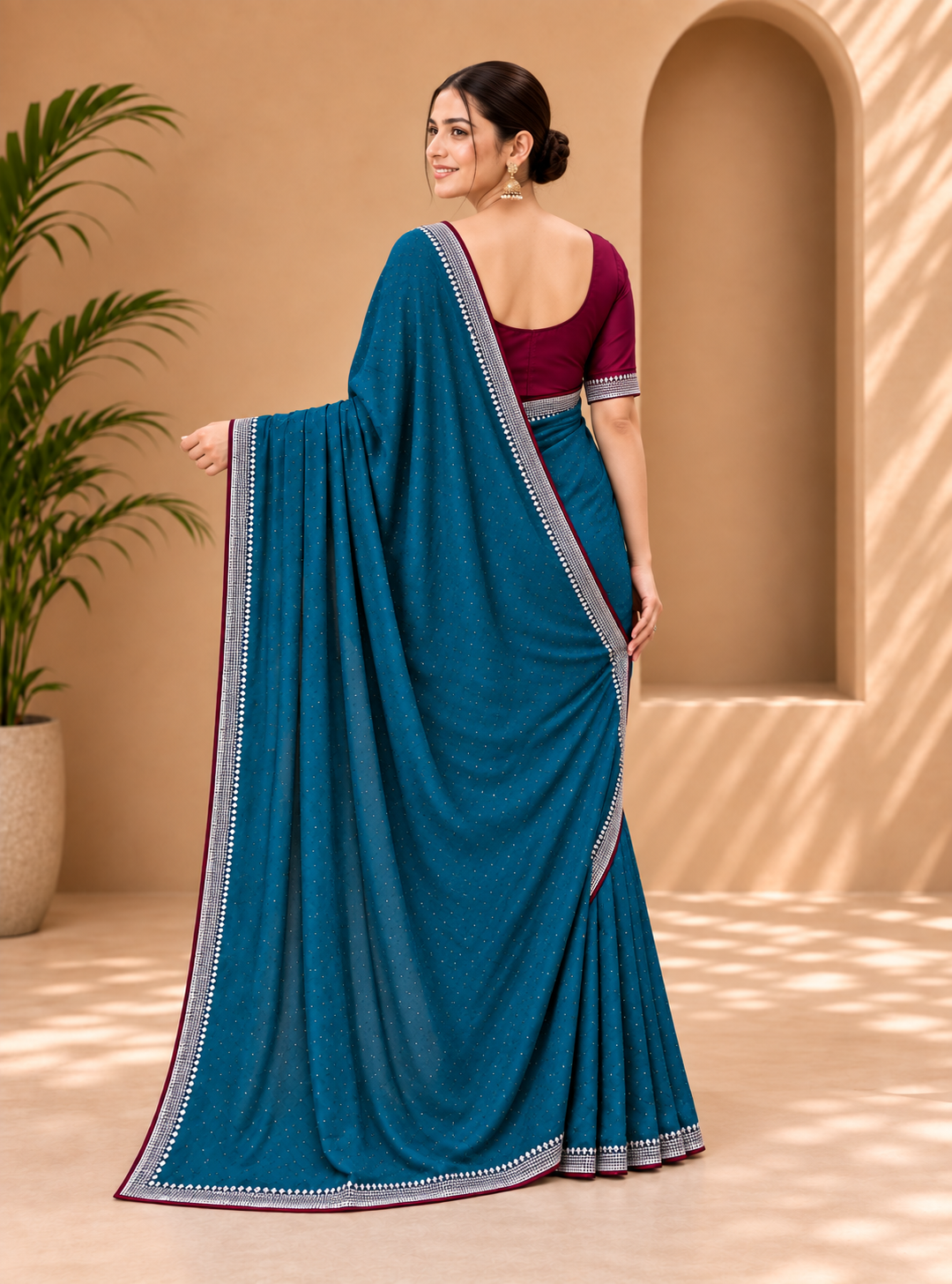 Peacock Blue Embellished Saree vichitra fabric with Silver Border and Wine Blouse 9930