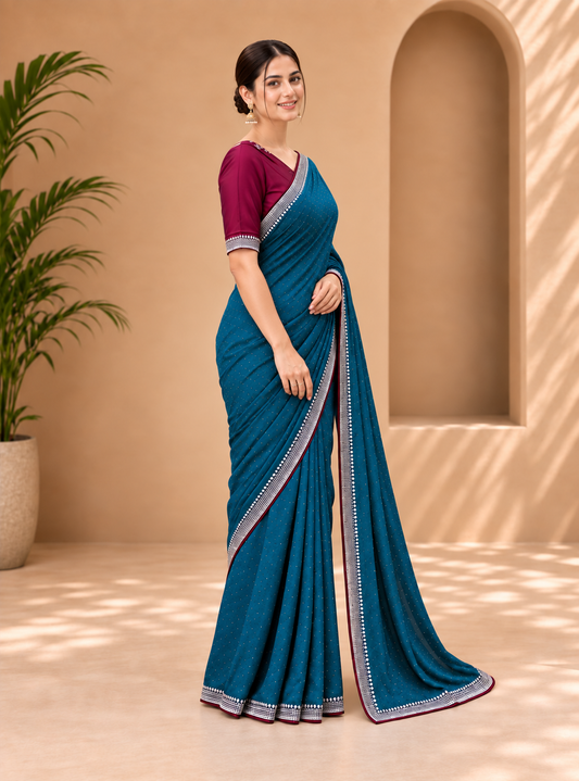 Peacock Blue Embellished Saree vichitra fabric with Silver Border and Wine Blouse 9930