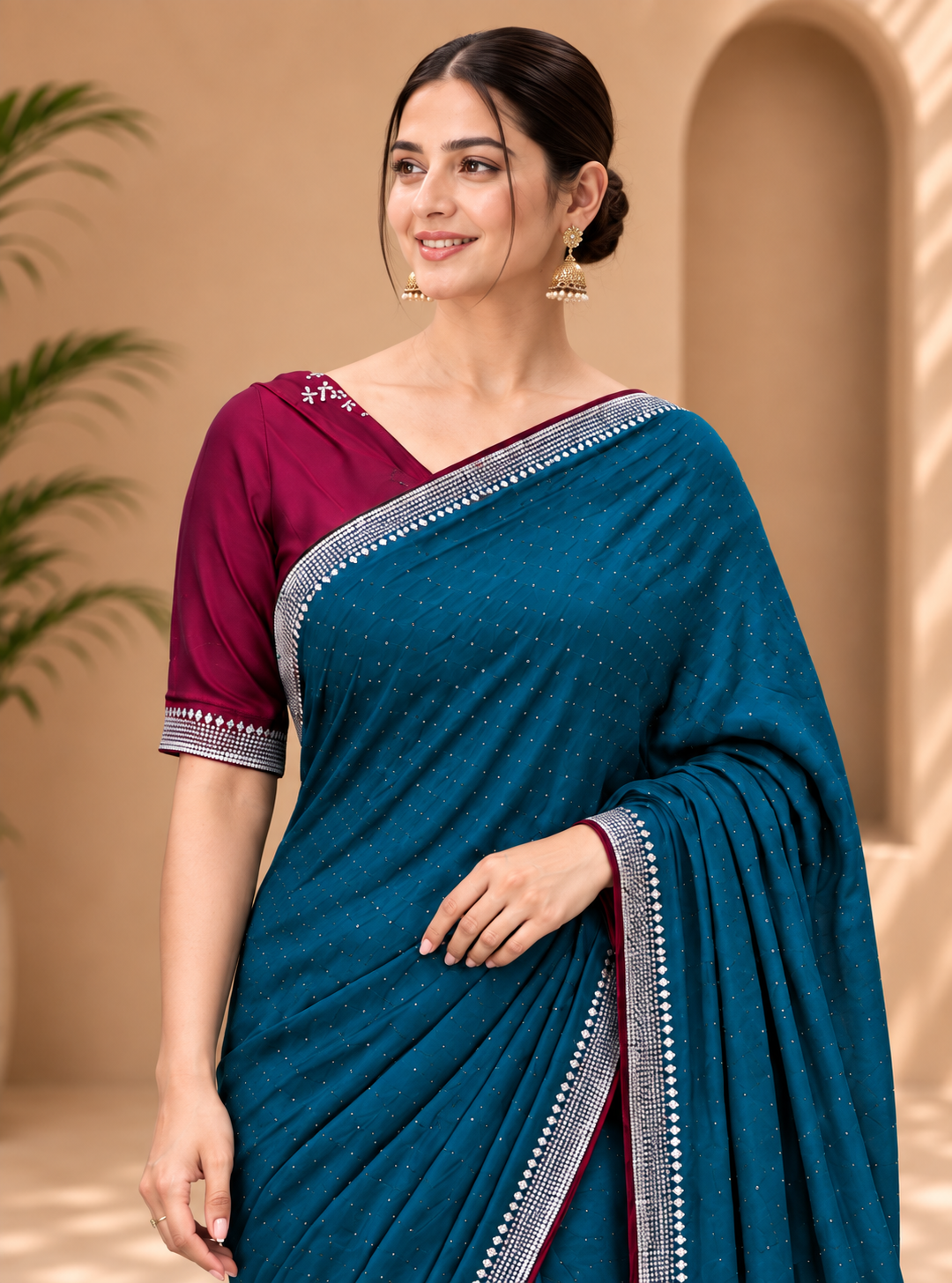 Peacock Blue Embellished Saree vichitra fabric with Silver Border and Wine Blouse 9930
