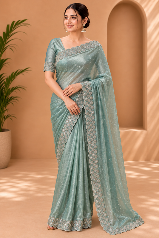 Mint Green Shimmer Saree with Scalloped Golden Border 9922