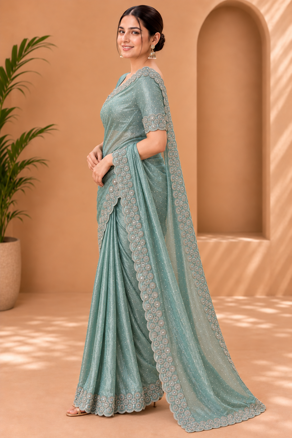Mint Green Shimmer Saree with Scalloped Golden Border 9922