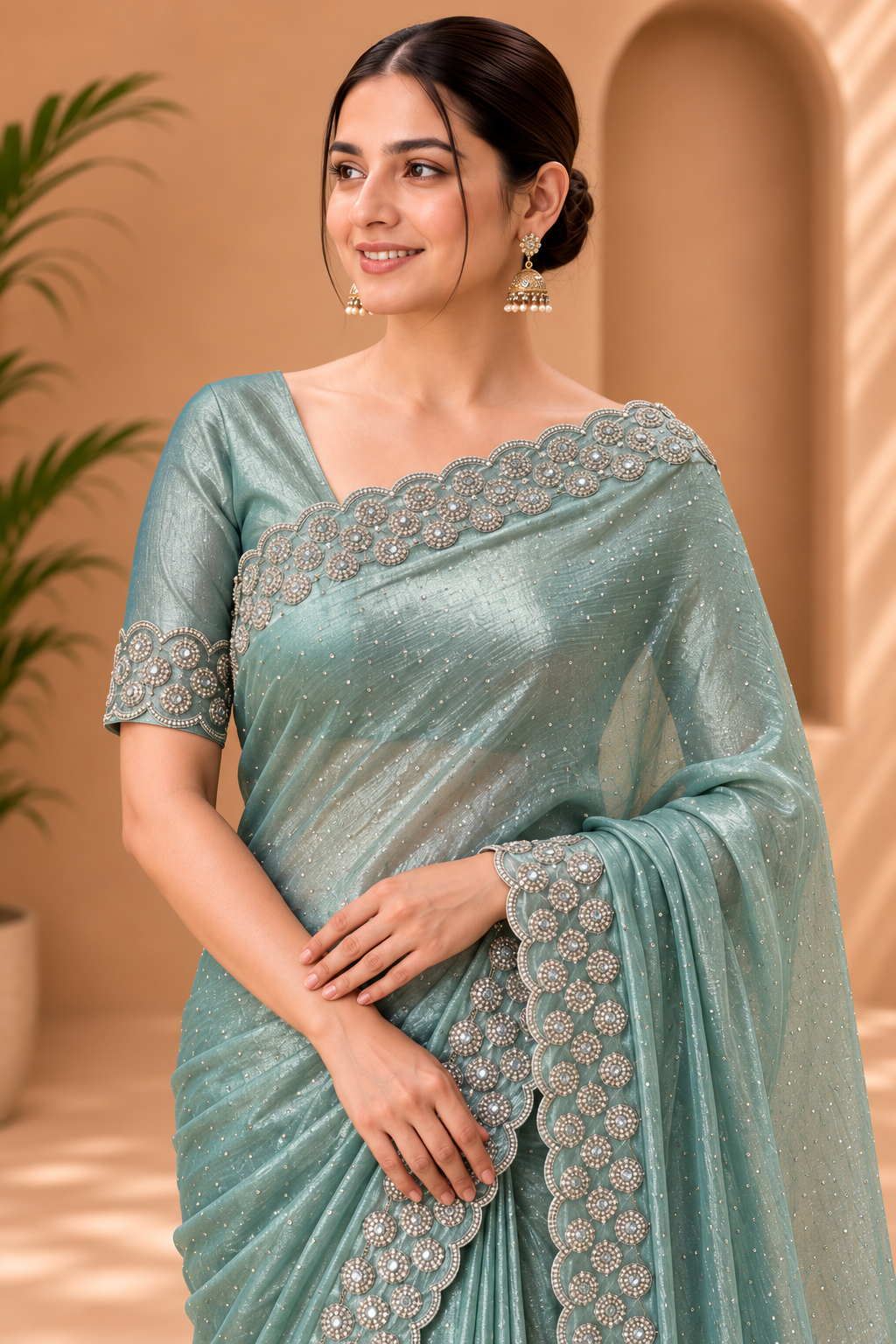 Mint Green Shimmer Saree with Scalloped Golden Border 9922