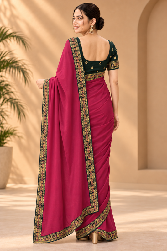 Rani Pink Vichitra fabric Saree with Embroidered Border 10071