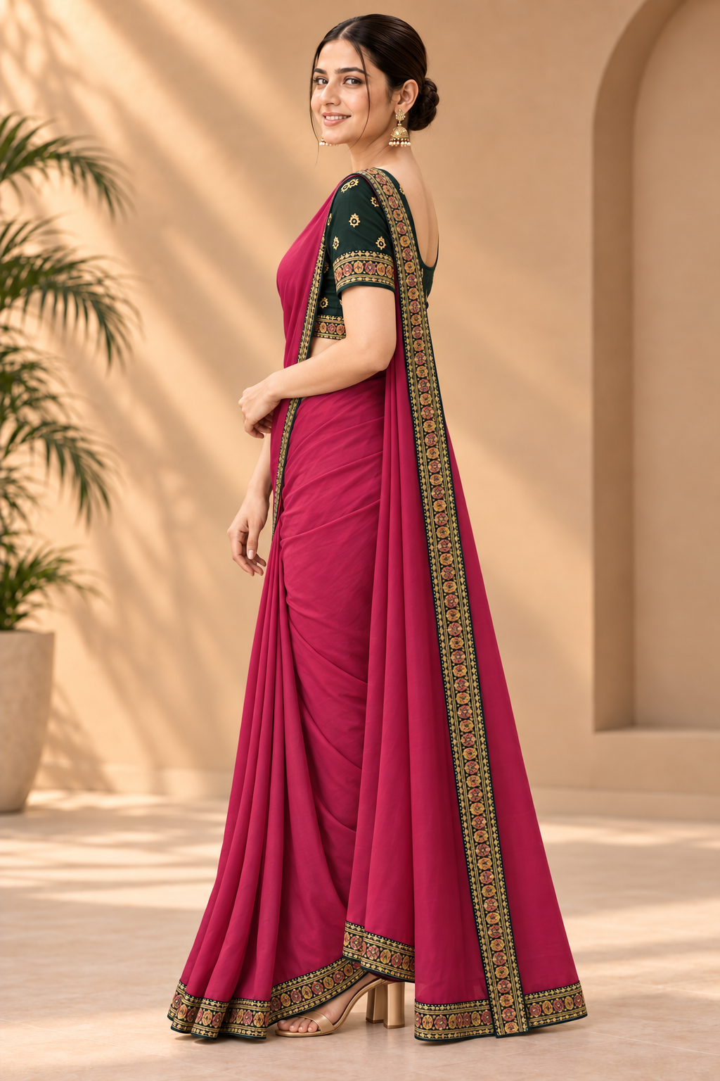 Rani Pink Vichitra fabric Saree with Embroidered Border 10071