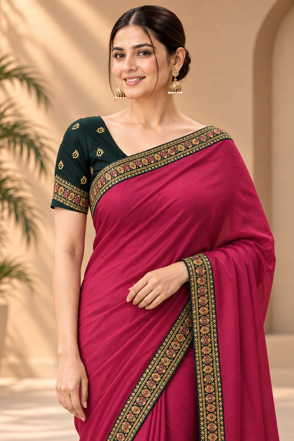 Rani Pink Vichitra fabric Saree with Embroidered Border 10071