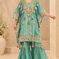 Aqua Teal Embellished Kaftan Sharara Set,