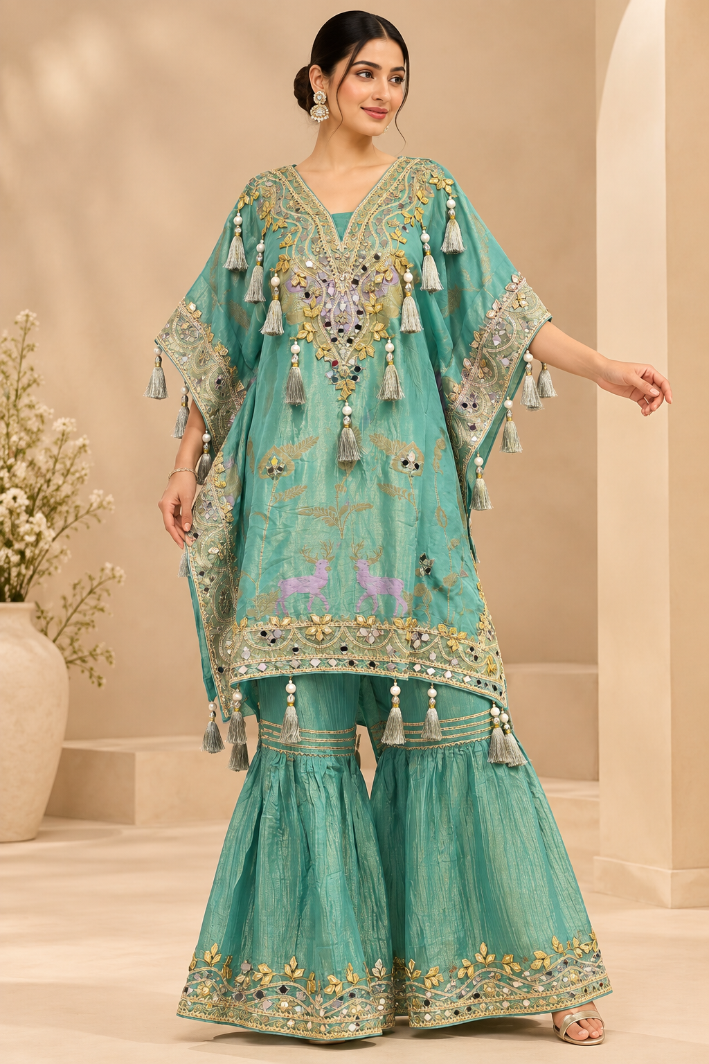 Aqua Teal Embellished Kaftan Sharara Set,