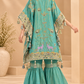Aqua Teal Embellished Kaftan Sharara Set,