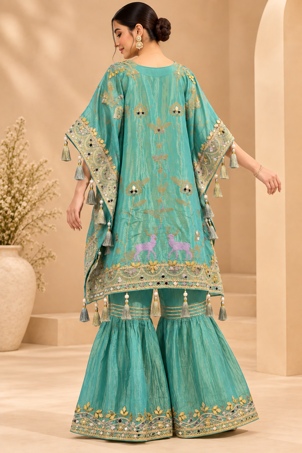 Aqua Teal Embellished Kaftan Sharara Set,