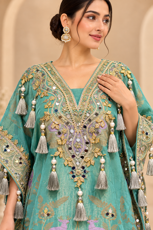 Aqua Teal Embellished Kaftan Sharara Set,