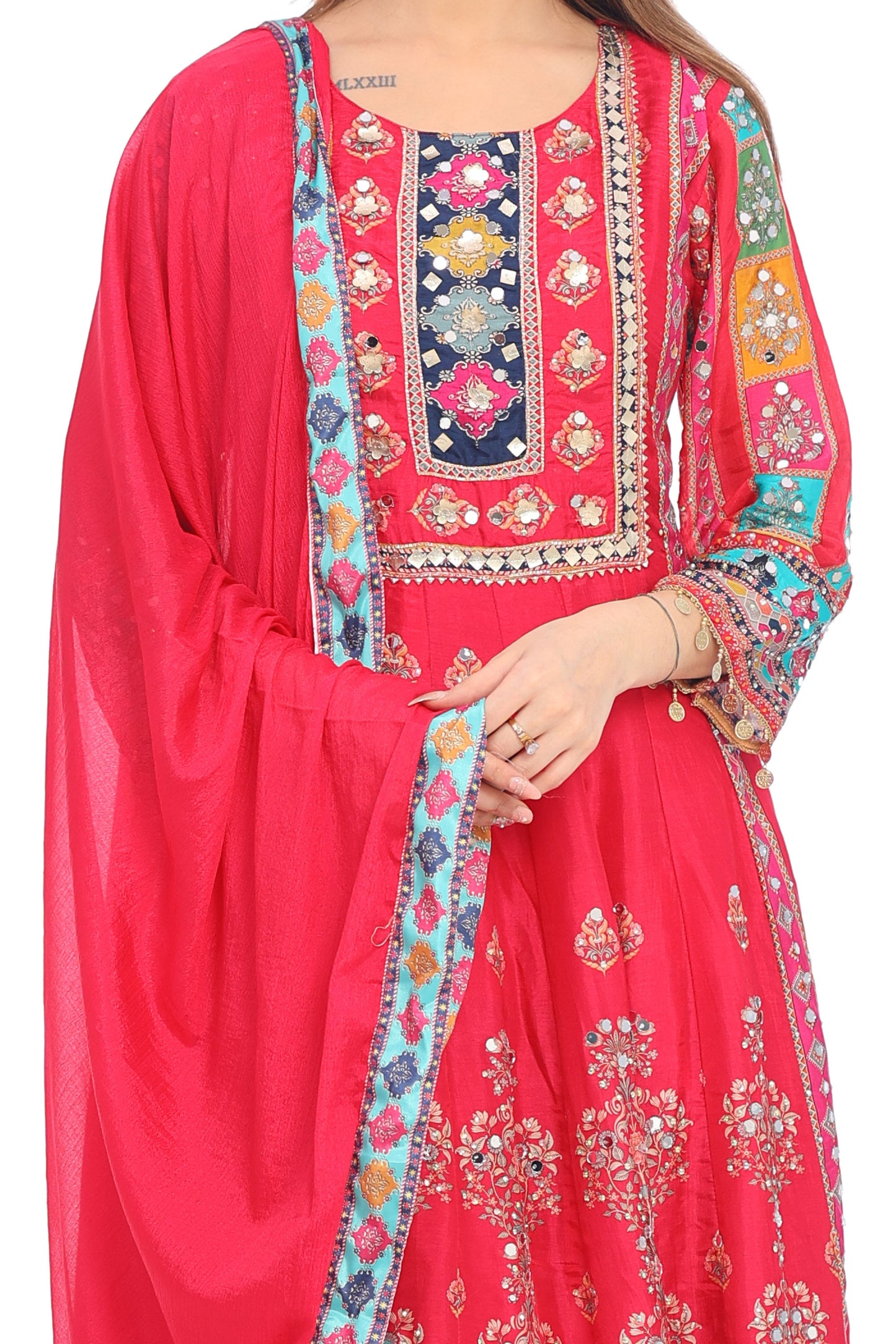 💖 Boho Royal Magenta Mirror Work Suit Set for Women | Multicolor Embroidered Kurta with Dupatta &amp; Pants | Wedding &amp; Festive Wear