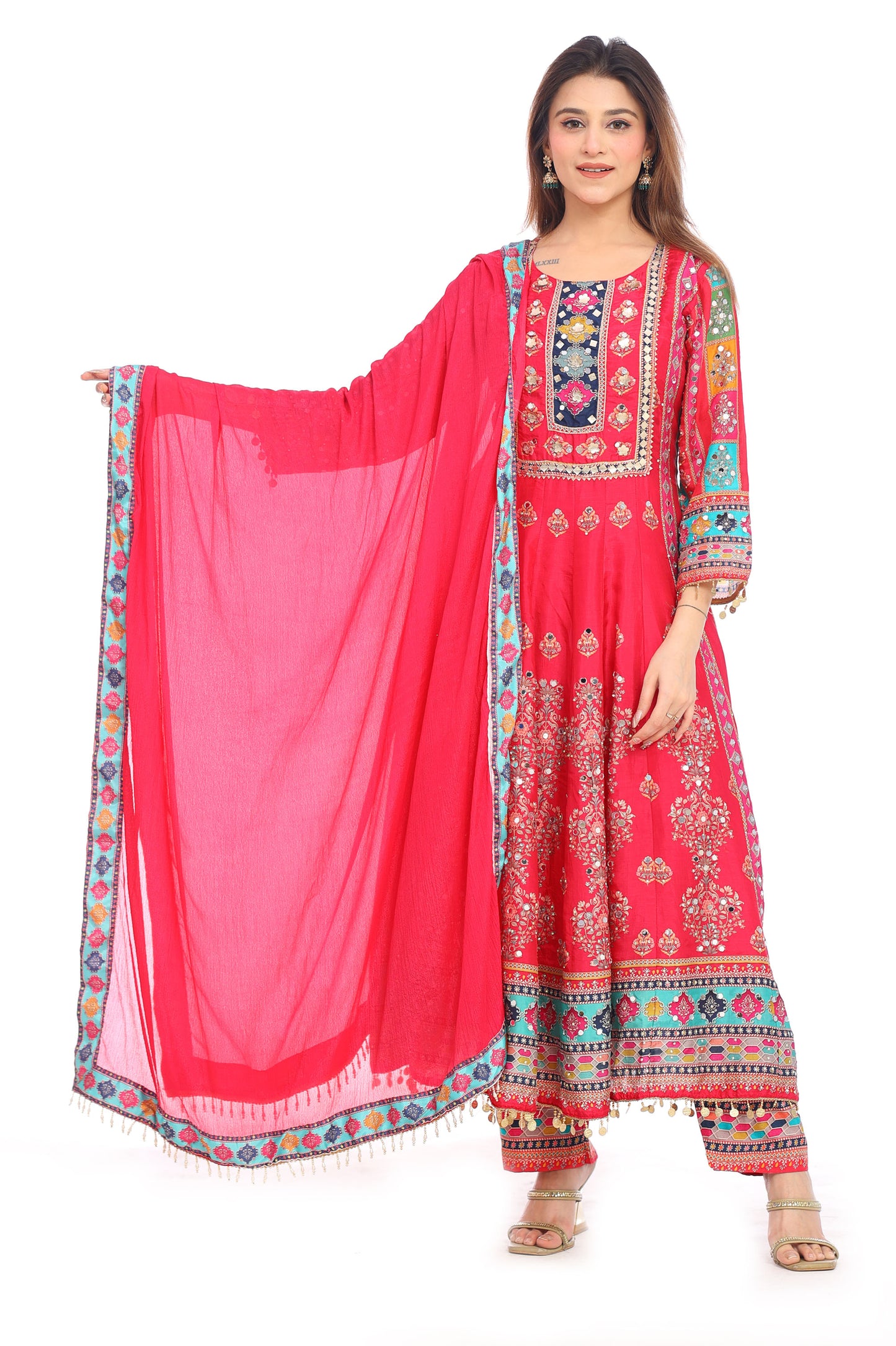 💖 Boho Royal Magenta Mirror Work Suit Set for Women | Multicolor Embroidered Kurta with Dupatta &amp; Pants | Wedding &amp; Festive Wear