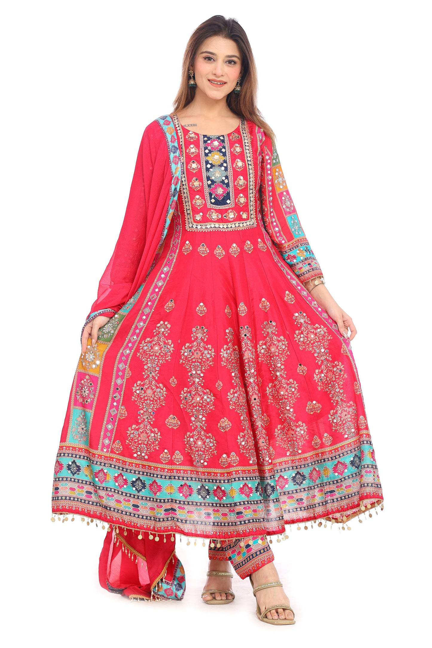 💖 Boho Royal Magenta Mirror Work Suit Set for Women | Multicolor Embroidered Kurta with Dupatta &amp; Pants | Wedding &amp; Festive Wear