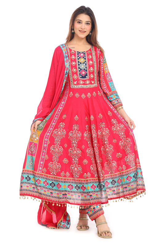 💖 Boho Royal Magenta Mirror Work Suit Set for Women | Multicolor Embroidered Kurta with Dupatta &amp; Pants | Wedding &amp; Festive Wear