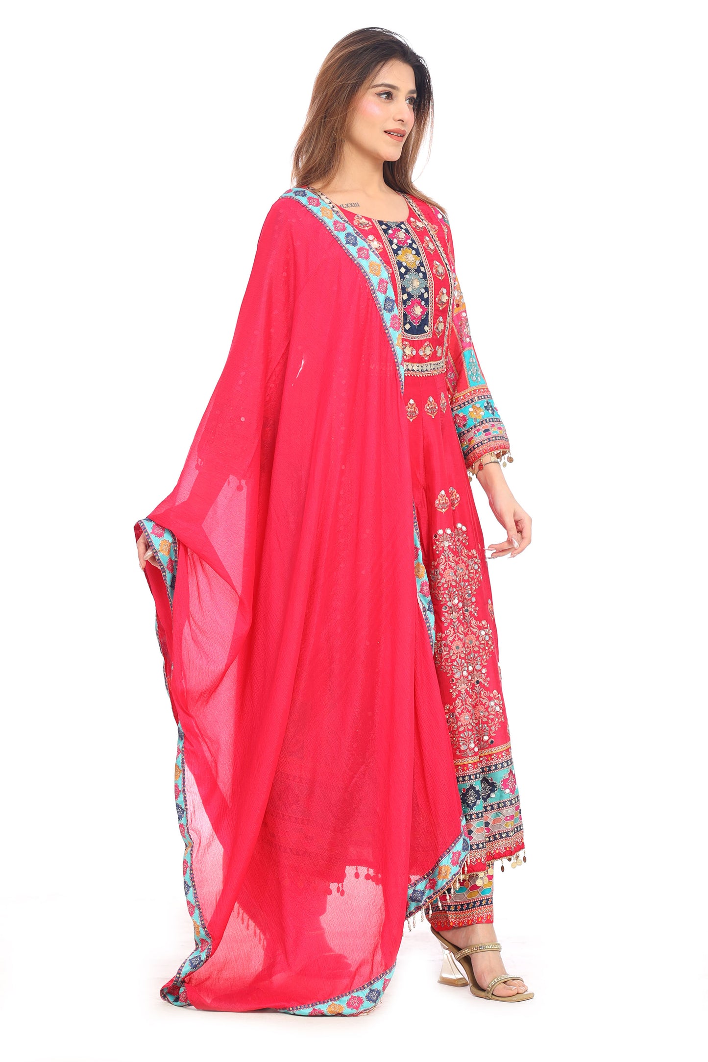 💖 Boho Royal Magenta Mirror Work Suit Set for Women | Multicolor Embroidered Kurta with Dupatta &amp; Pants | Wedding &amp; Festive Wear