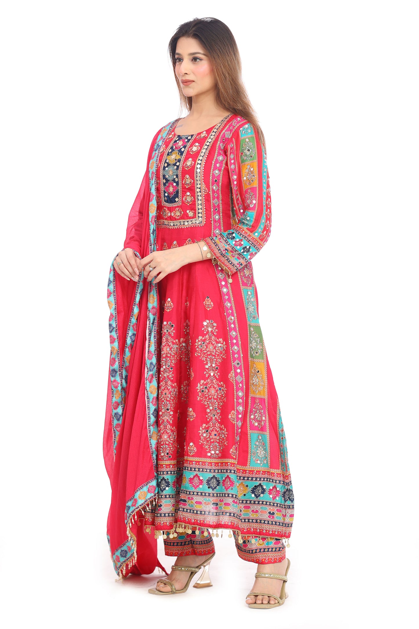💖 Boho Royal Magenta Mirror Work Suit Set for Women | Multicolor Embroidered Kurta with Dupatta &amp; Pants | Wedding &amp; Festive Wear