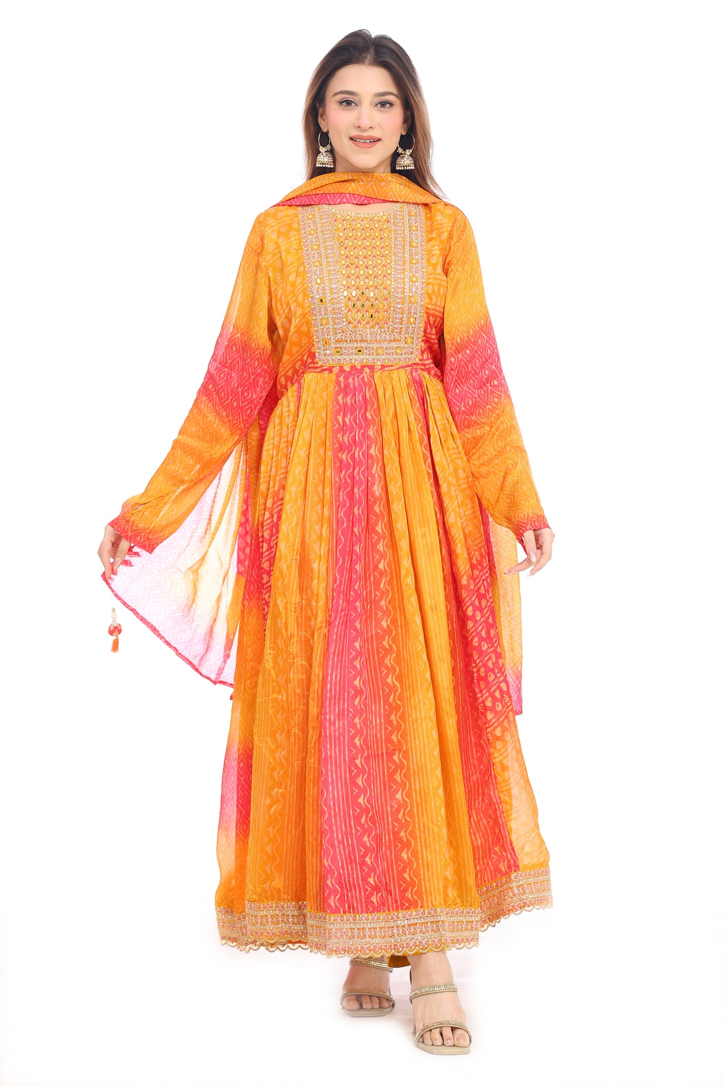 Festive Radiance Orange-Pink Bandhani Anarkali Suit Set for Women | Mirror Work Yoke | Dupatta &amp; Pants