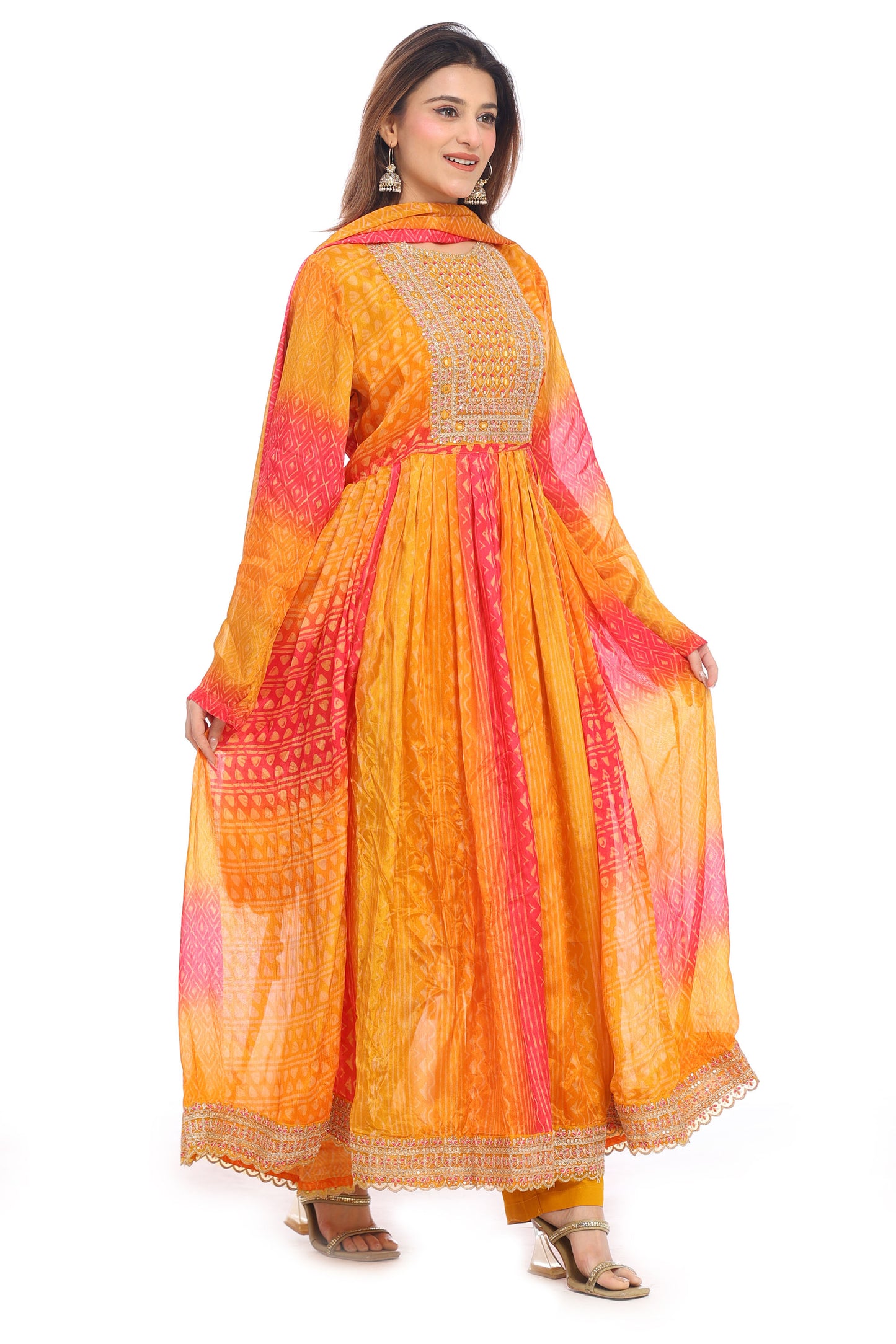 Festive Radiance Orange-Pink Bandhani Anarkali Suit Set for Women | Mirror Work Yoke | Dupatta &amp; Pants