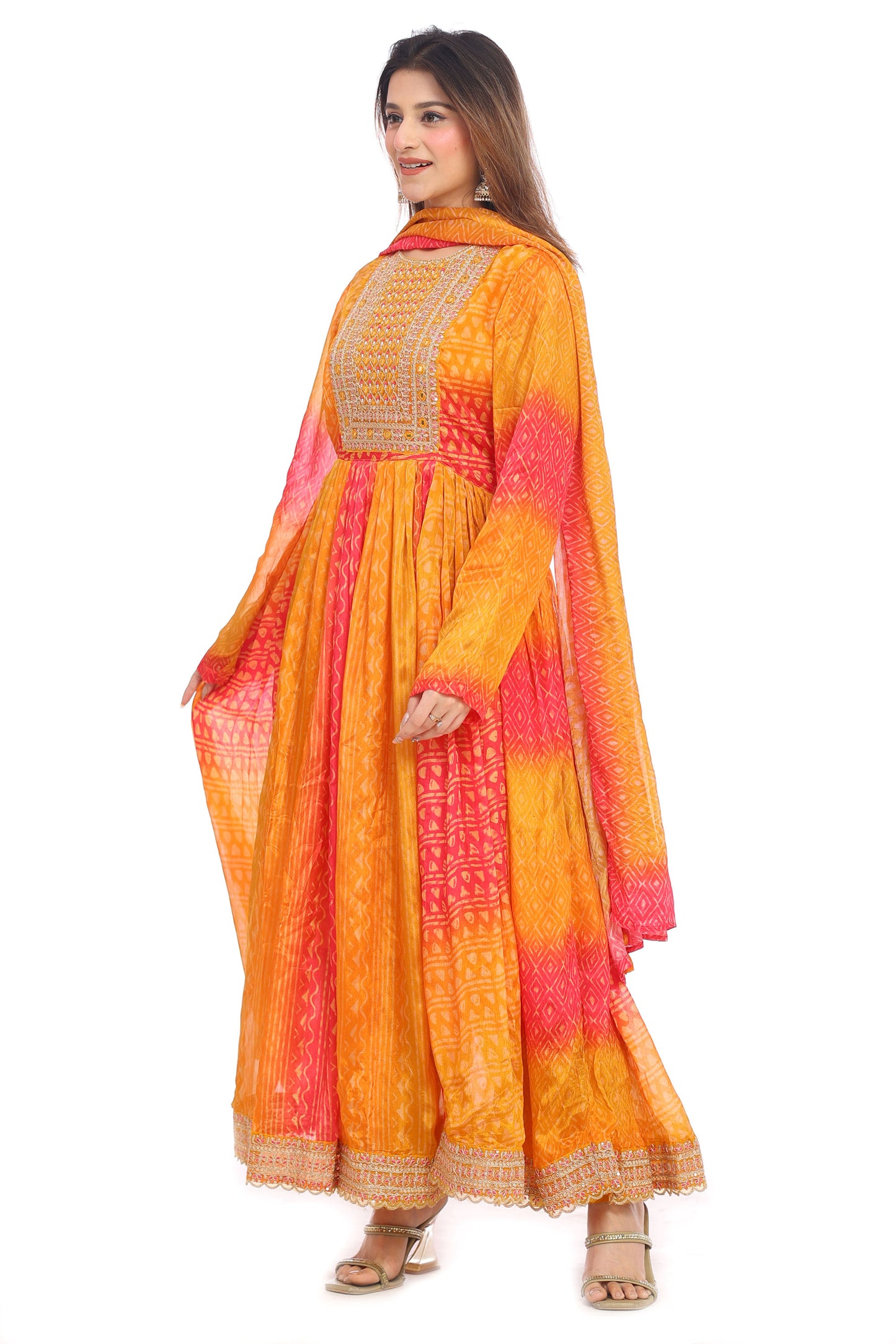 Festive Radiance Orange-Pink Bandhani Anarkali Suit Set for Women | Mirror Work Yoke | Dupatta &amp; Pants