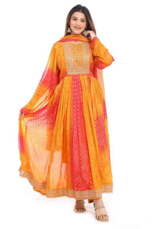 Festive Radiance Orange-Pink Bandhani Anarkali Suit Set for Women | Mirror Work Yoke | Dupatta &amp; Pants