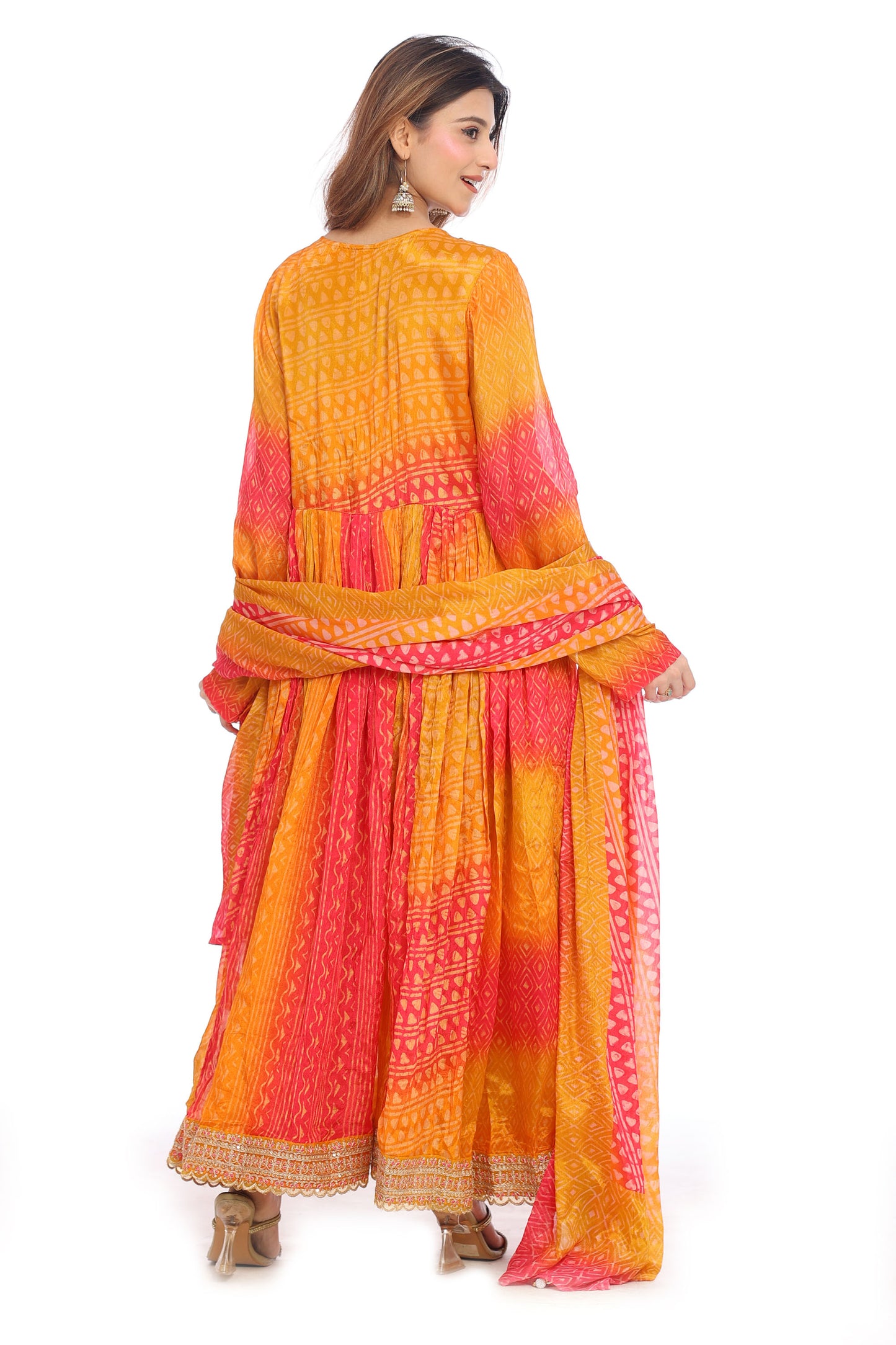 Festive Radiance Orange-Pink Bandhani Anarkali Suit Set for Women | Mirror Work Yoke | Dupatta &amp; Pants
