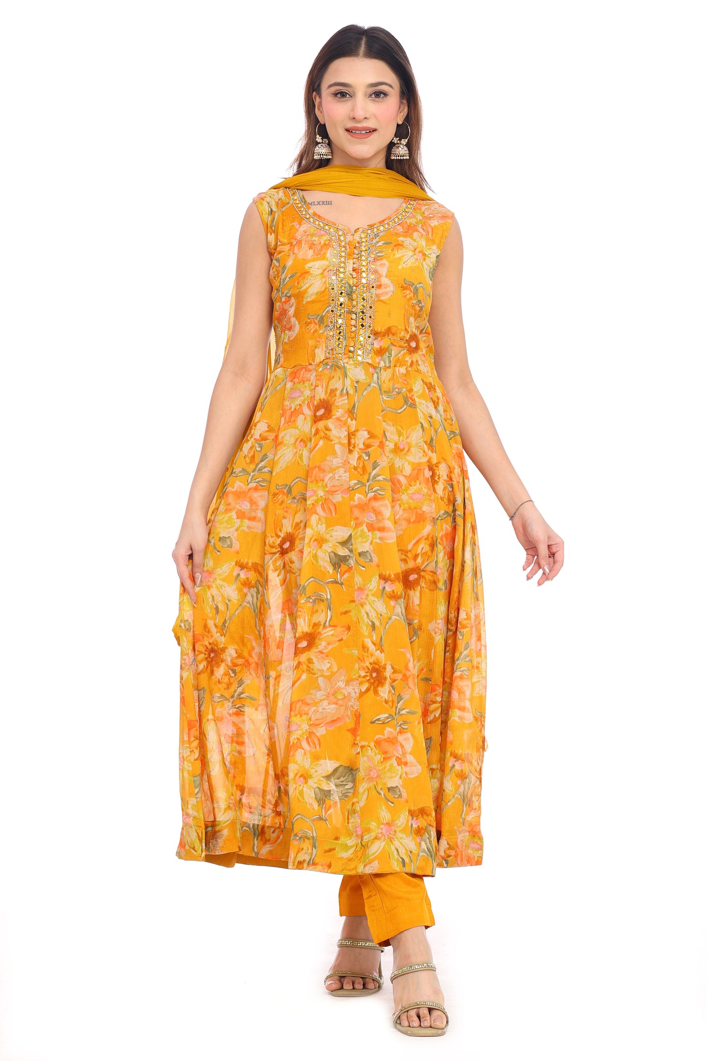 Sunlit Bloom Mustard Floral Anarkali Suit Set for Women | Sleeveless Kurta with Dupatta &Pants | Festive Ethnic Wear