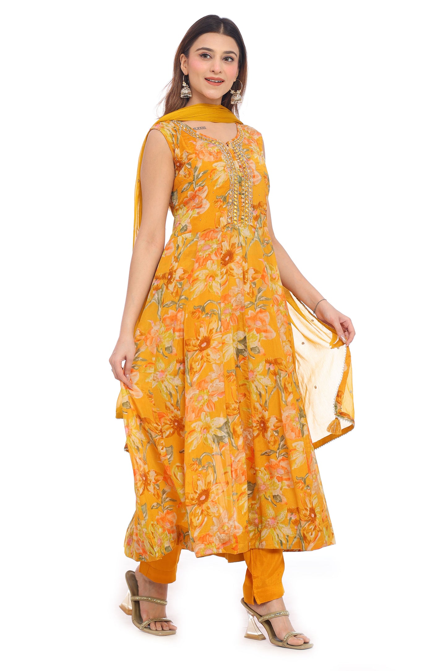 Sunlit Bloom Mustard Floral Anarkali Suit Set for Women | Sleeveless Kurta with Dupatta &Pants | Festive Ethnic Wear
