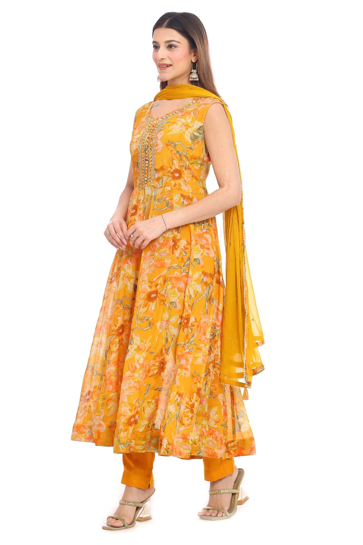Sunlit Bloom Mustard Floral Anarkali Suit Set for Women | Sleeveless Kurta with Dupatta &Pants | Festive Ethnic Wear