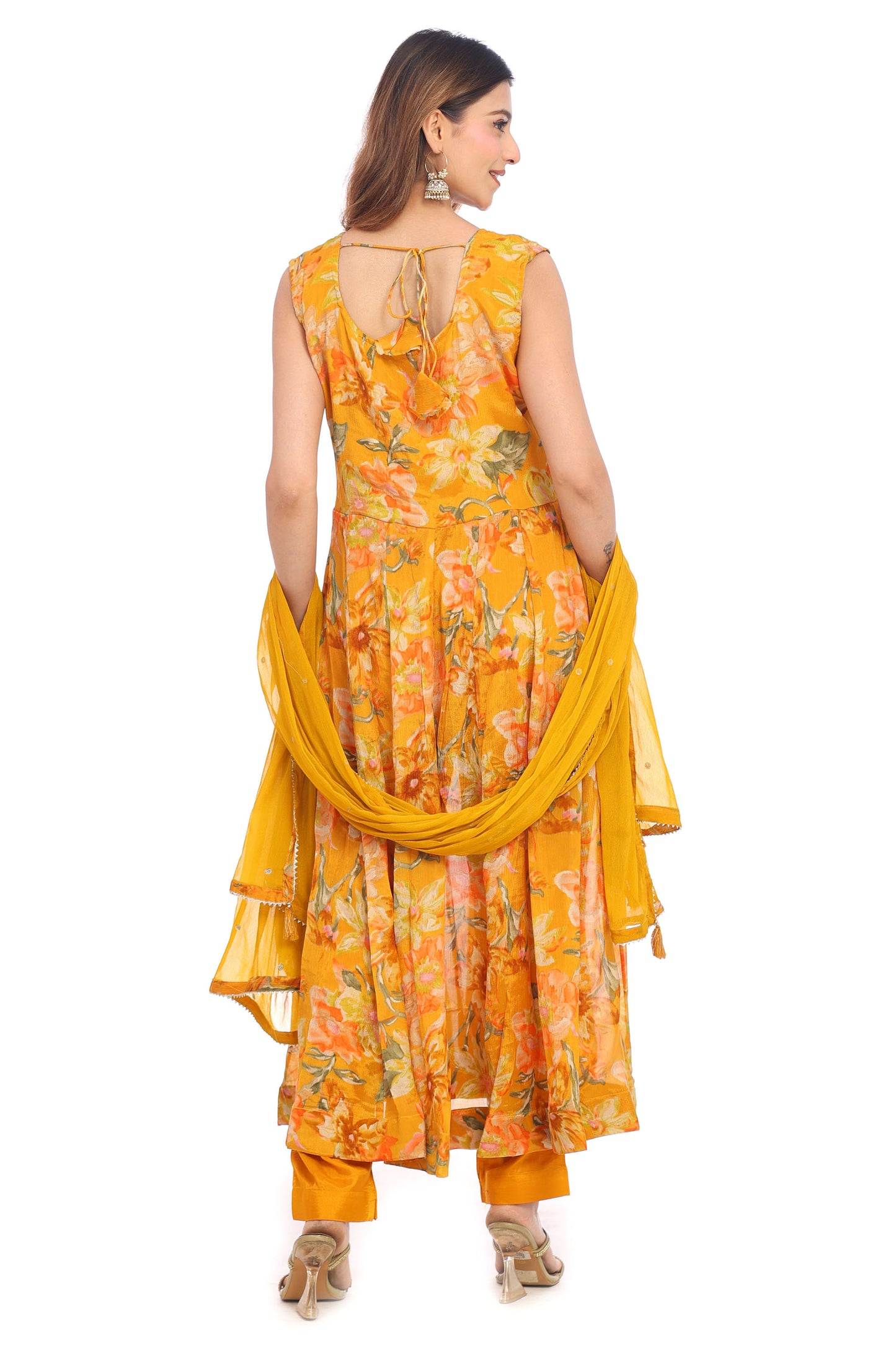 Sunlit Bloom Mustard Floral Anarkali Suit Set for Women | Sleeveless Kurta with Dupatta &Pants | Festive Ethnic Wear