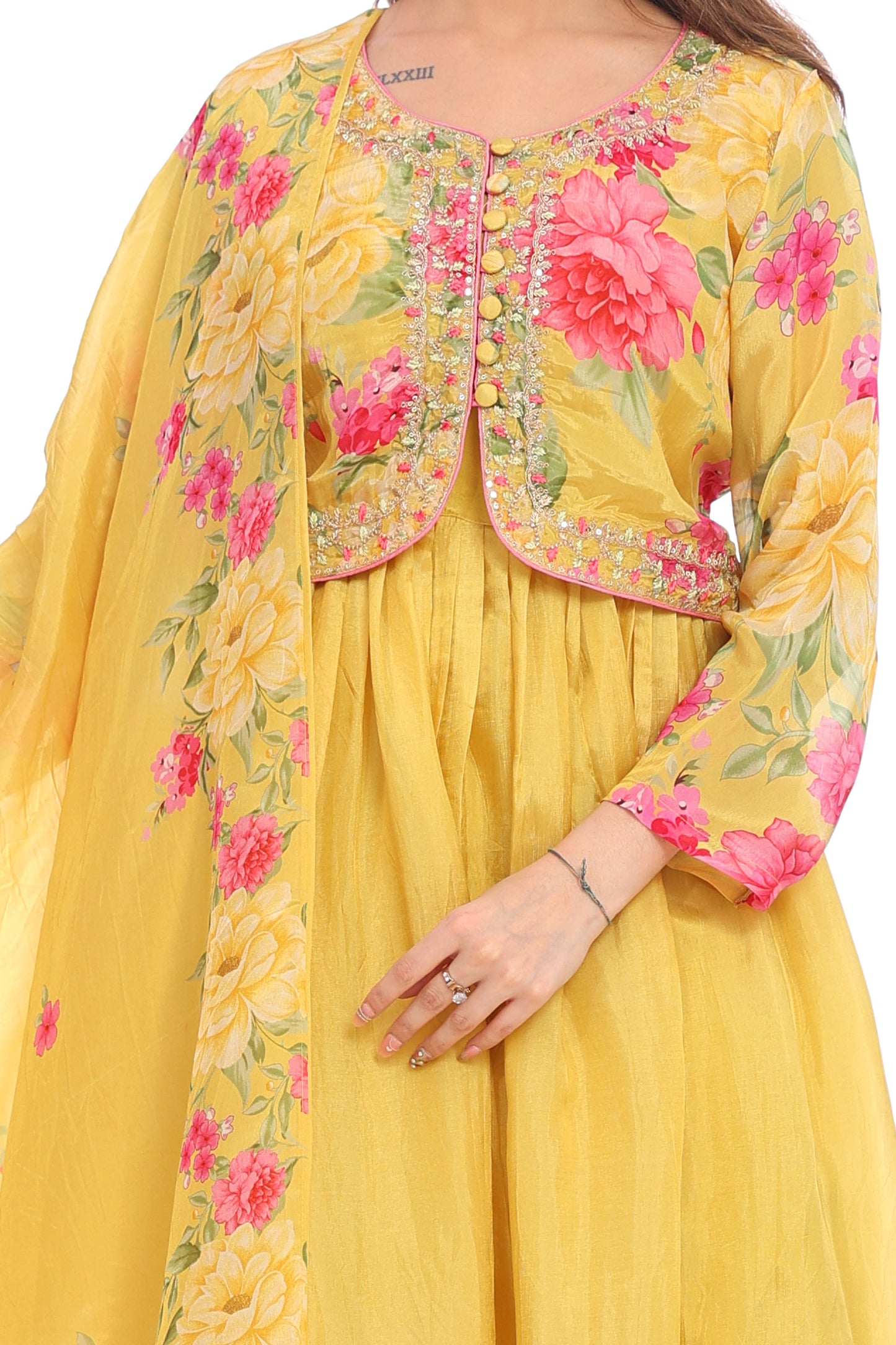 Floral Elegance Yellow Anarkali Suit Set