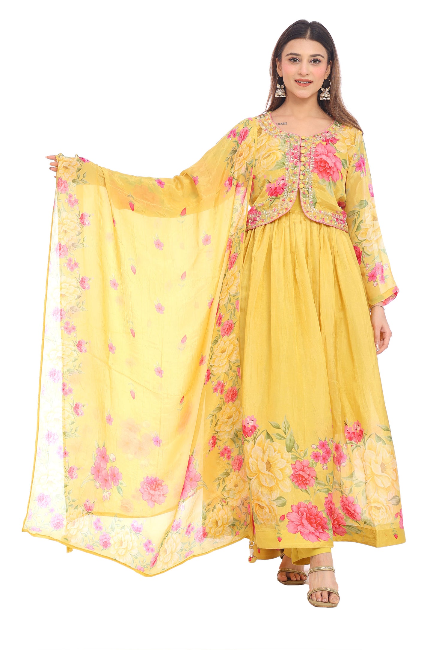 Floral Elegance Yellow Anarkali Suit Set