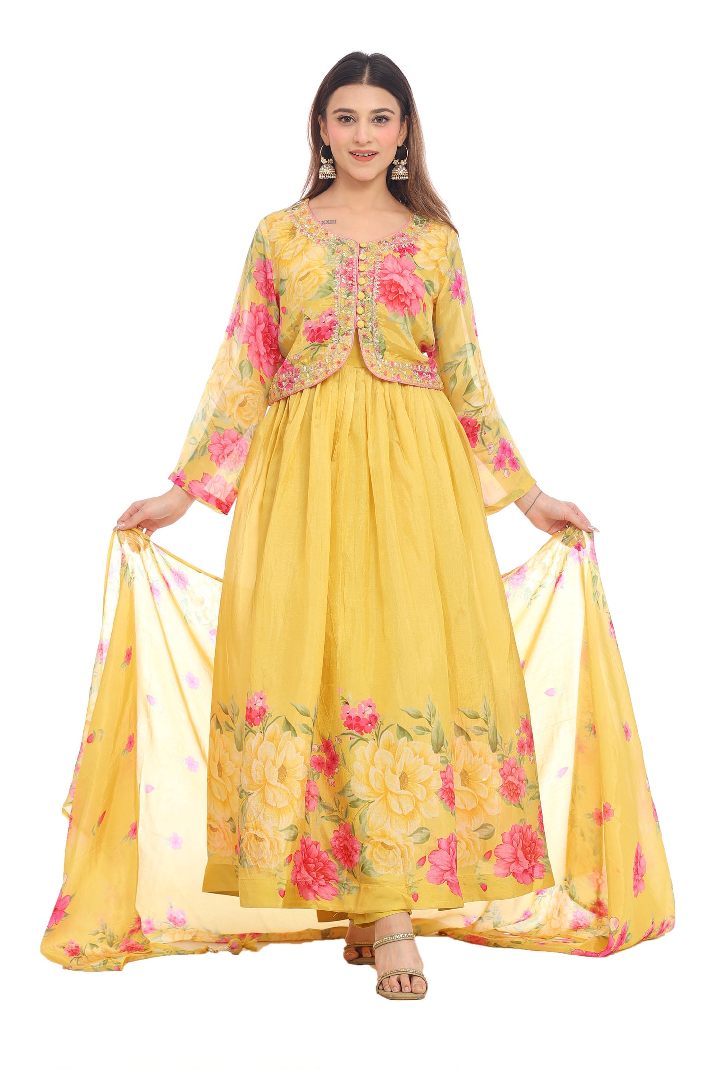 Floral Elegance Yellow Anarkali Suit Set