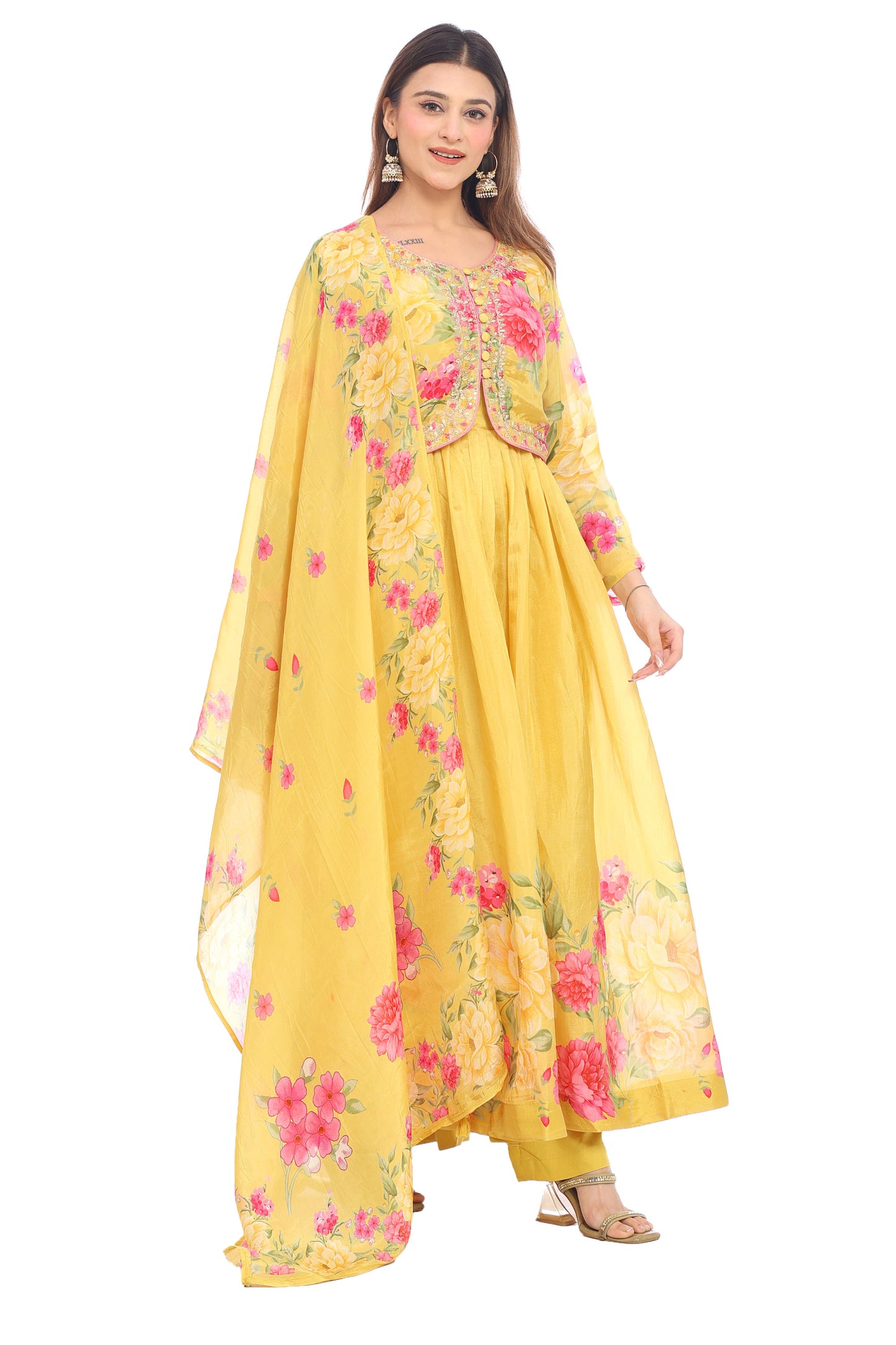 Floral Elegance Yellow Anarkali Suit Set