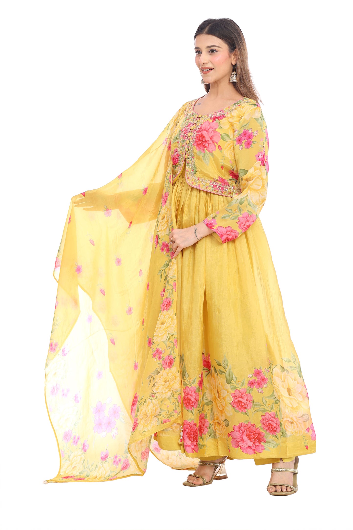 Floral Elegance Yellow Anarkali Suit Set