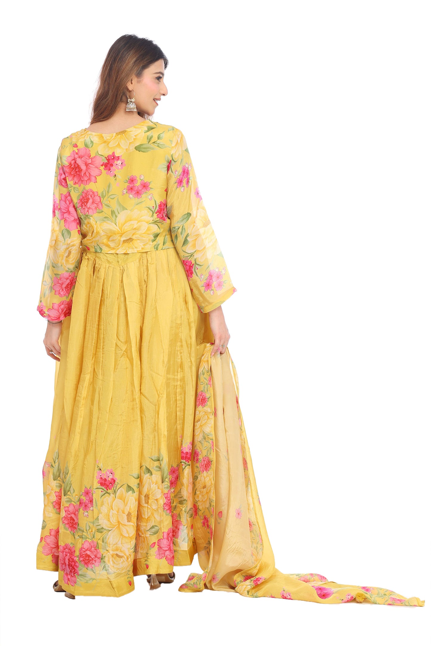 Floral Elegance Yellow Anarkali Suit Set