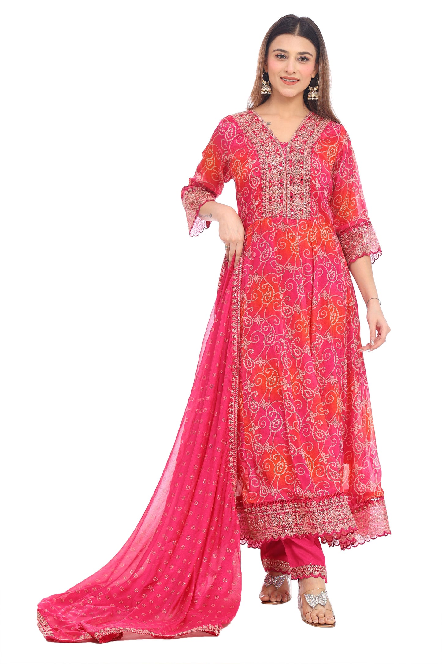 Radiant Pink Embroidered Anarkali Suit Set with Dupatta