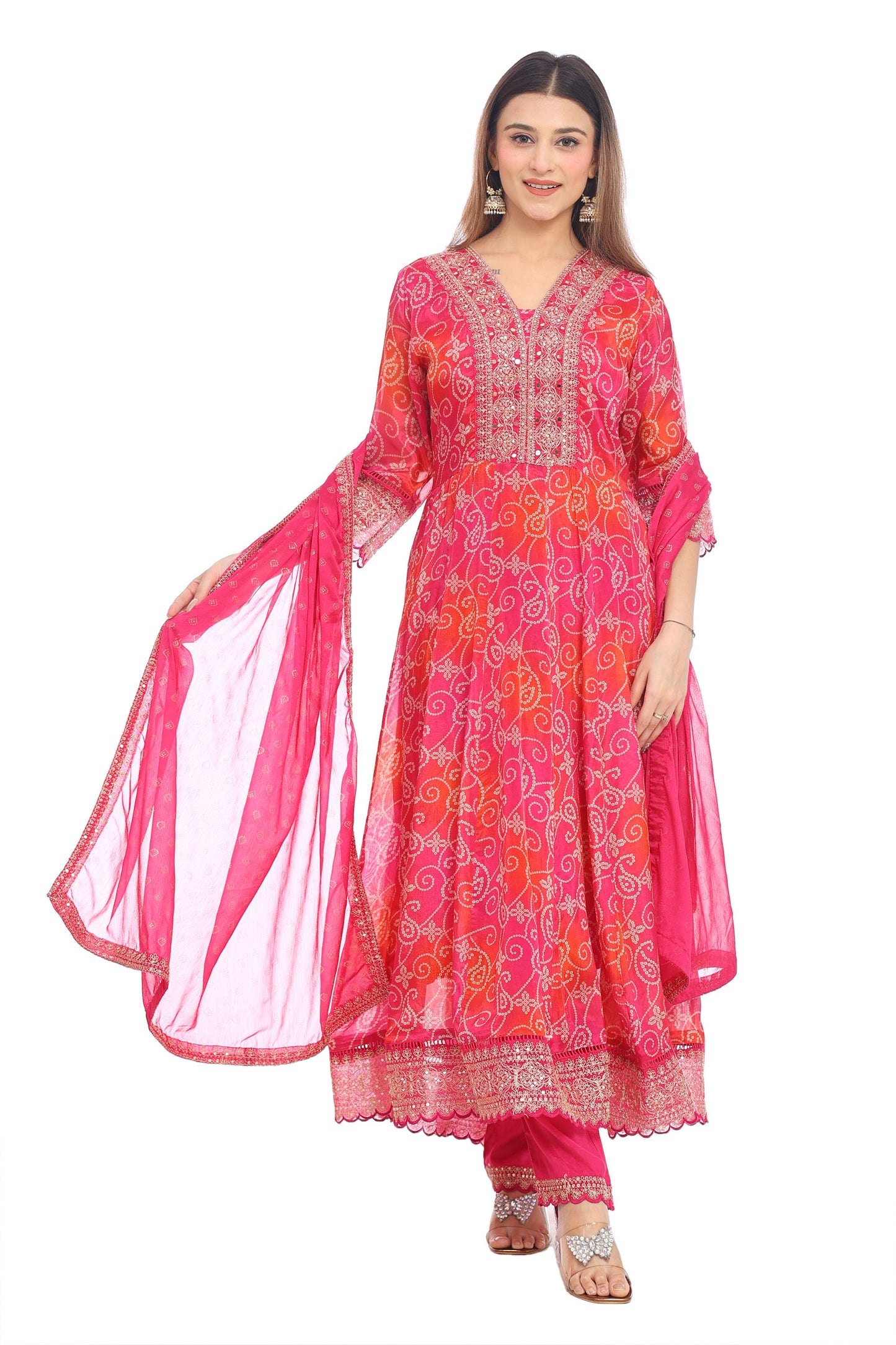 Radiant Pink Embroidered Anarkali Suit Set with Dupatta