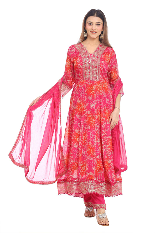 Radiant Pink Embroidered Anarkali Suit Set with Dupatta