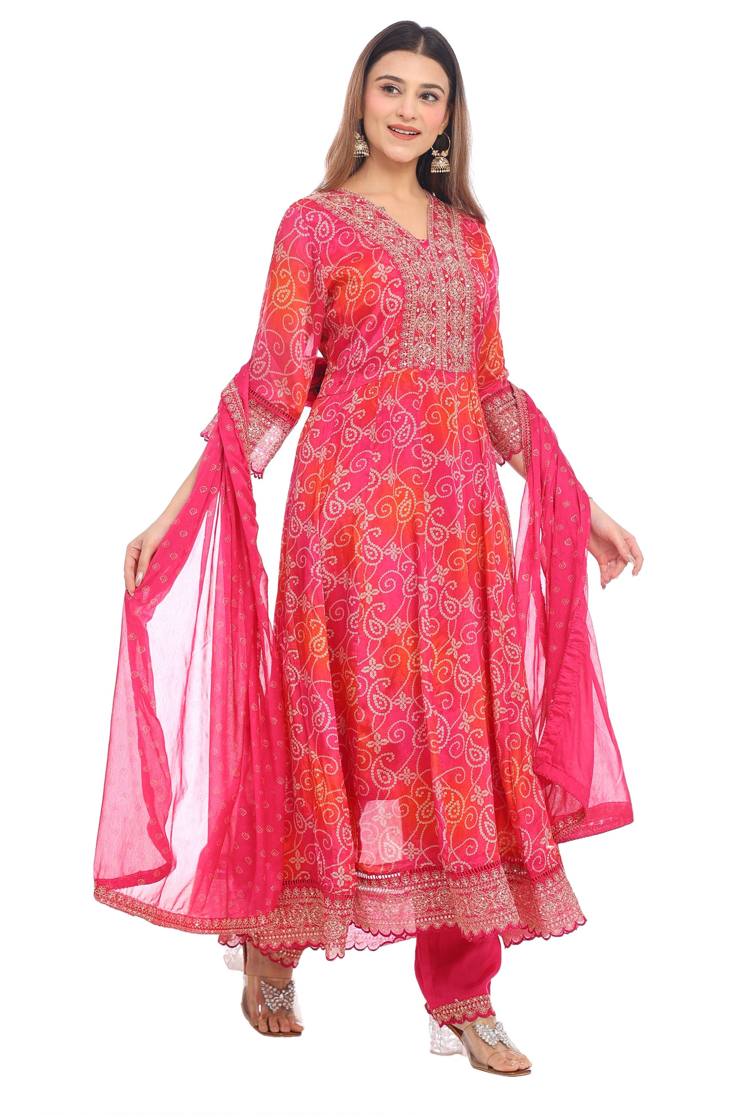 Radiant Pink Embroidered Anarkali Suit Set with Dupatta